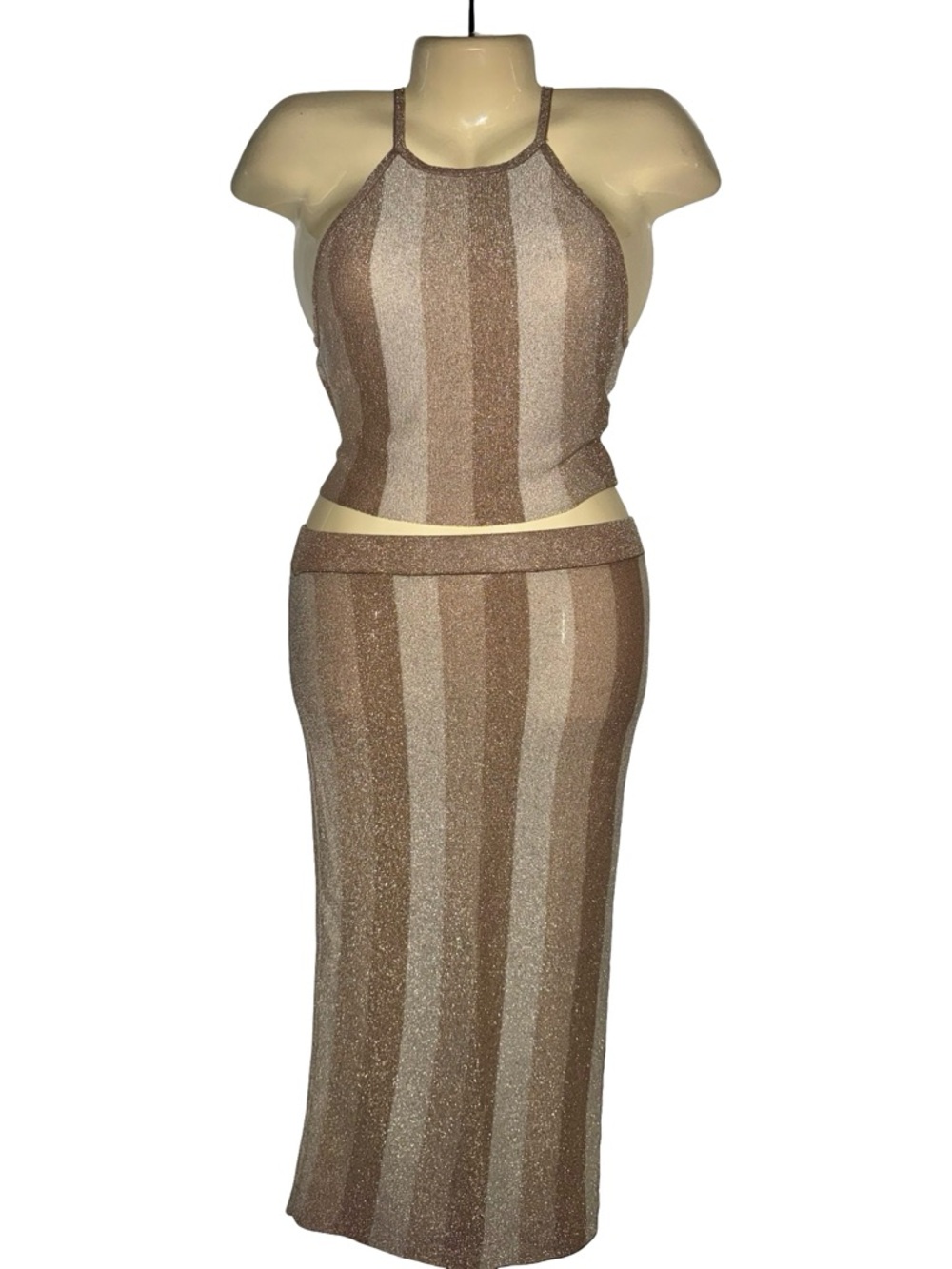 Forever 21 Shimmery Taupe and Beige Striped skirt Set
